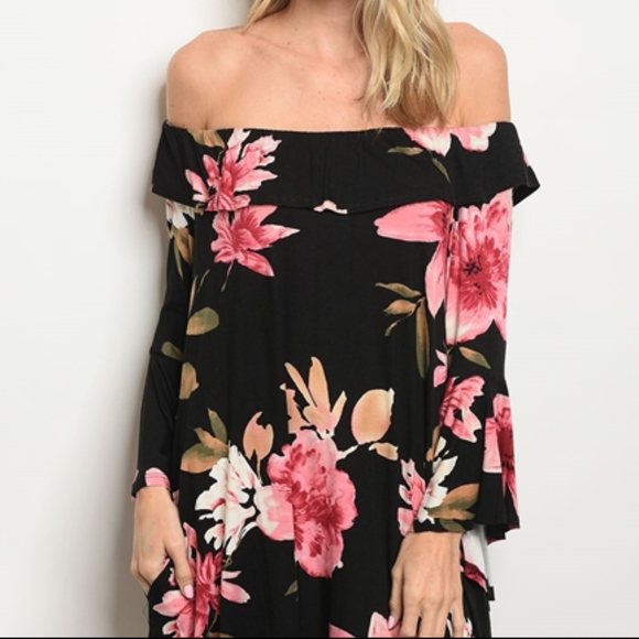 BLACK FLORAL OFF SHOULDER RUFFLED DRESS - Picture 2 of 4